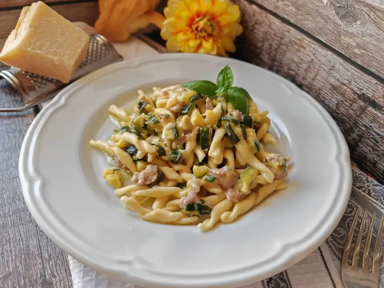 Ingredienti freschi pasta salsiccia zucchine