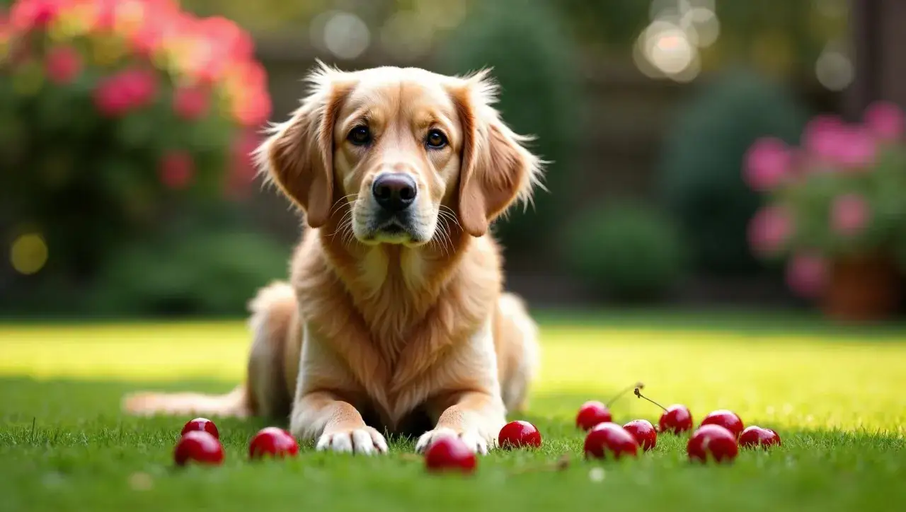 Złoty retriever leży na trawie, otoczony czereśniami. Czy pies może jeść czereśnie? To pytanie nurtuje wielu właścicieli czworonogów.