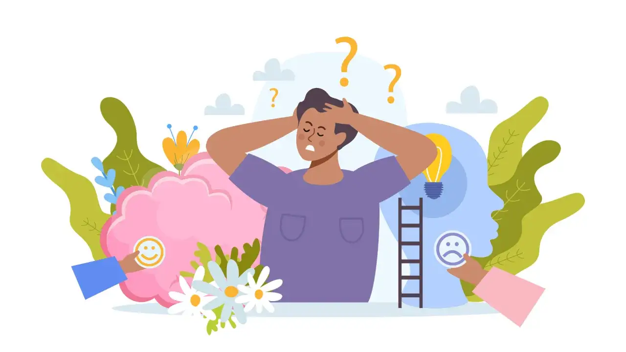 Uomo stressato con punti interrogativi, simbolo di felicità e tristezza, metafora di adhd e relazioni amorose.