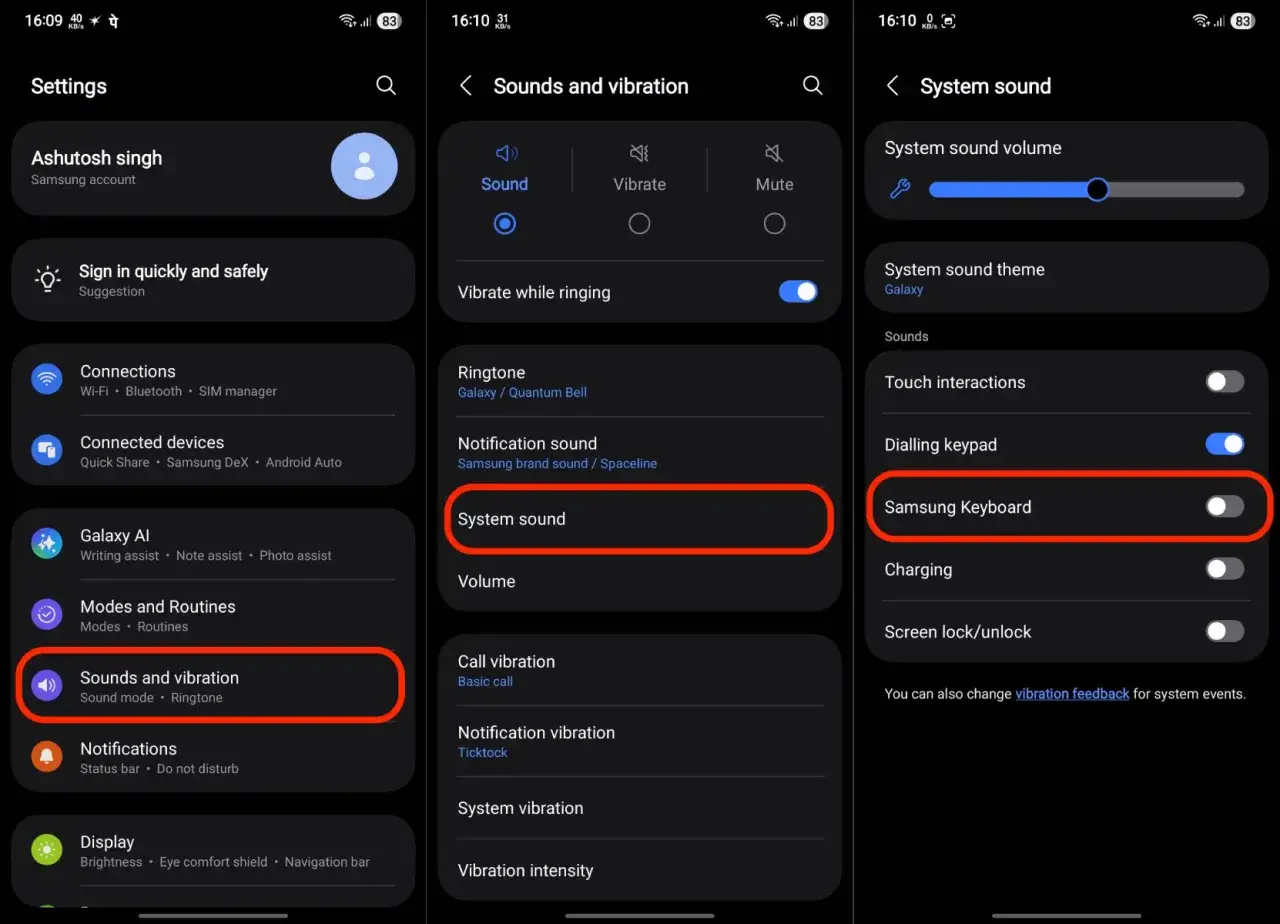 Jak wyłączyć dźwięk klawiatury Samsung: Ustawienia > Dźwięki i wibracje > Dźwięk systemowy > Klawiatura Samsung.
