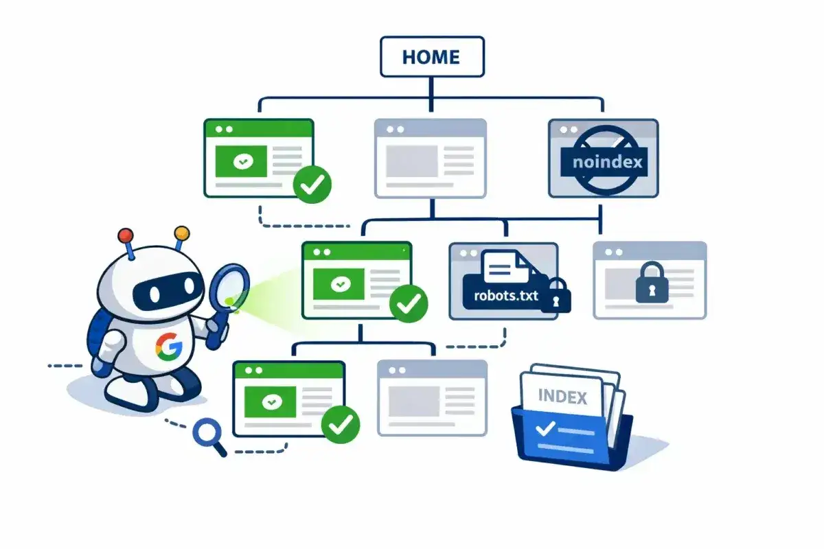 Robot Google bada strukturę strony, sprawdzając jej elementy pod kątem pozycjonowania organicznego.