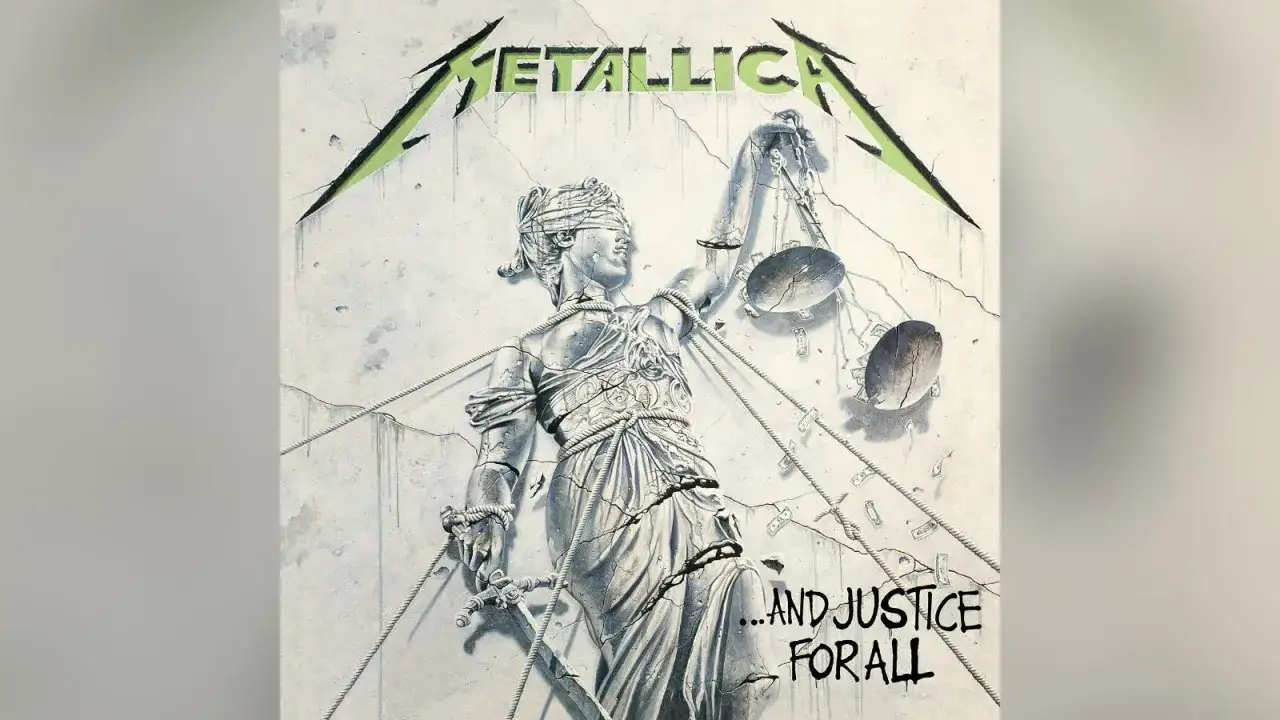 Okładka albumu Metallica …And Justice For All. Spękana rzeźba Temidy z wagą i mieczem, symbolizująca sprawiedliwość, ale też jej brak.