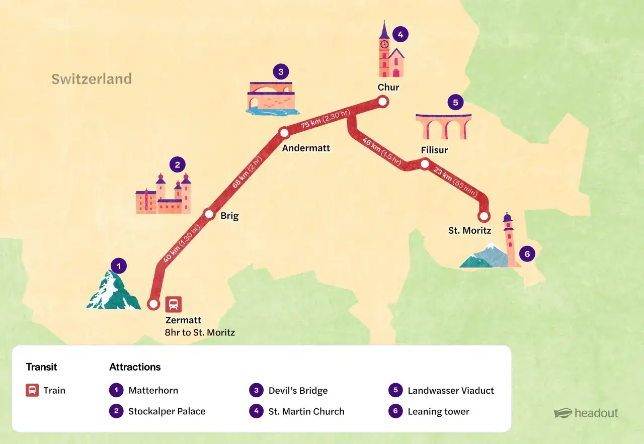 Map of Switzerland showing a train route from Zermatt to St. Moritz, passing through Brig, Andermatt, Chur, and Filisur. Attractions include Matterhorn, Landwasser Viaduct.