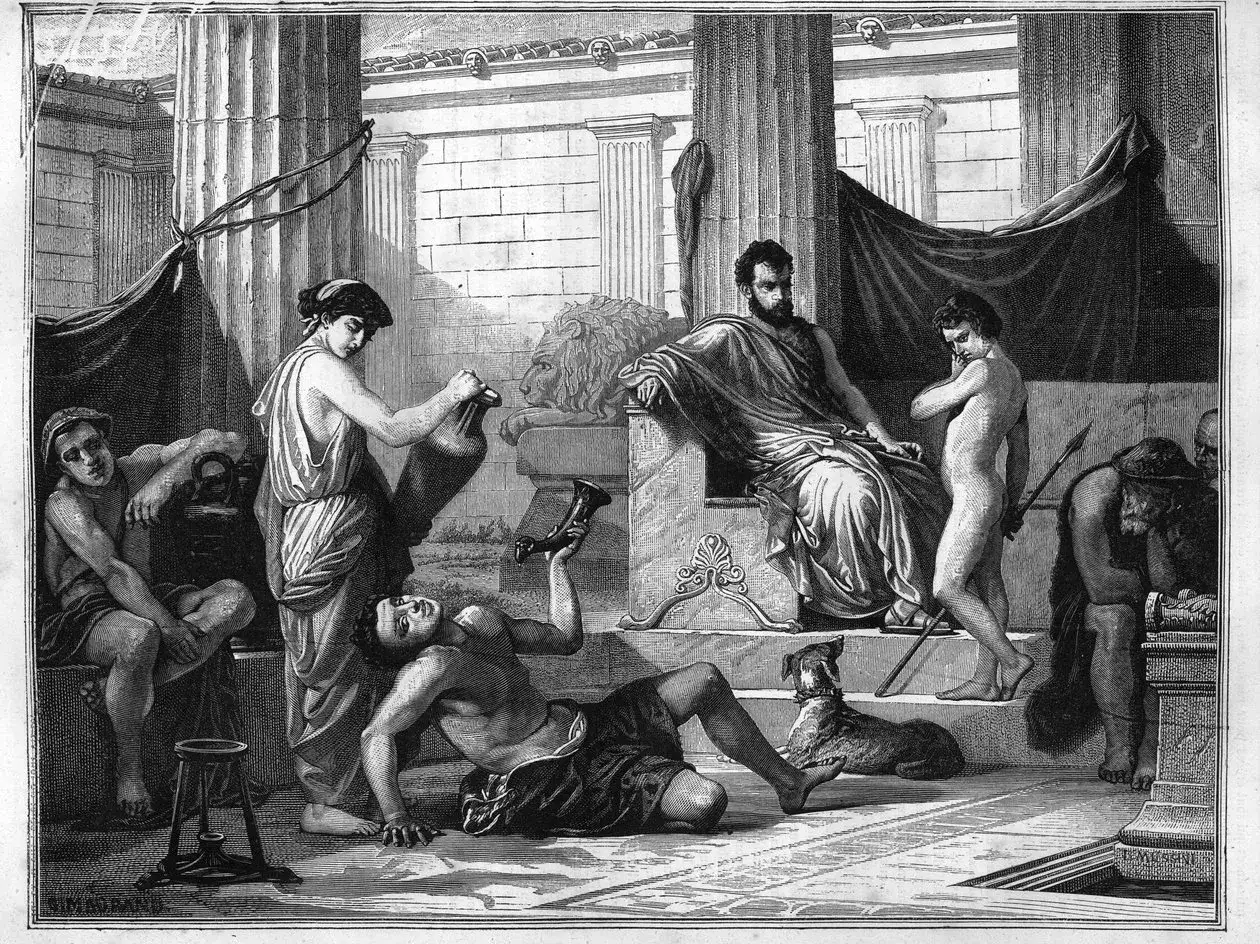 Szene der Erziehung in Sparta: Ein Mann auf einem Thron, umgeben von jungen Männern, die trainieren oder dienen.