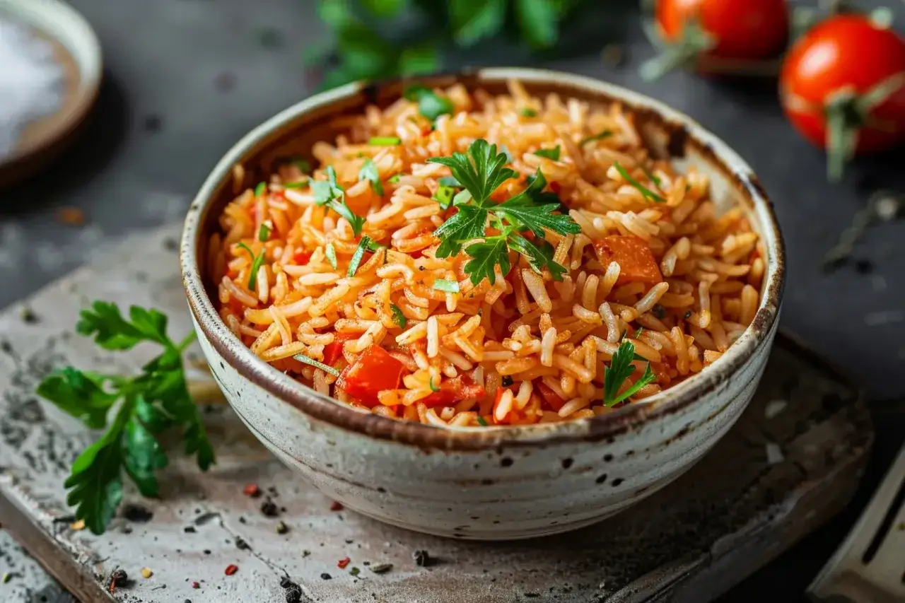 Schüssel mit aromatischem Tomatenreis, garniert mit frischer Petersilie. Ein einfaches und köstliches Gericht, das Lust auf mehr macht.