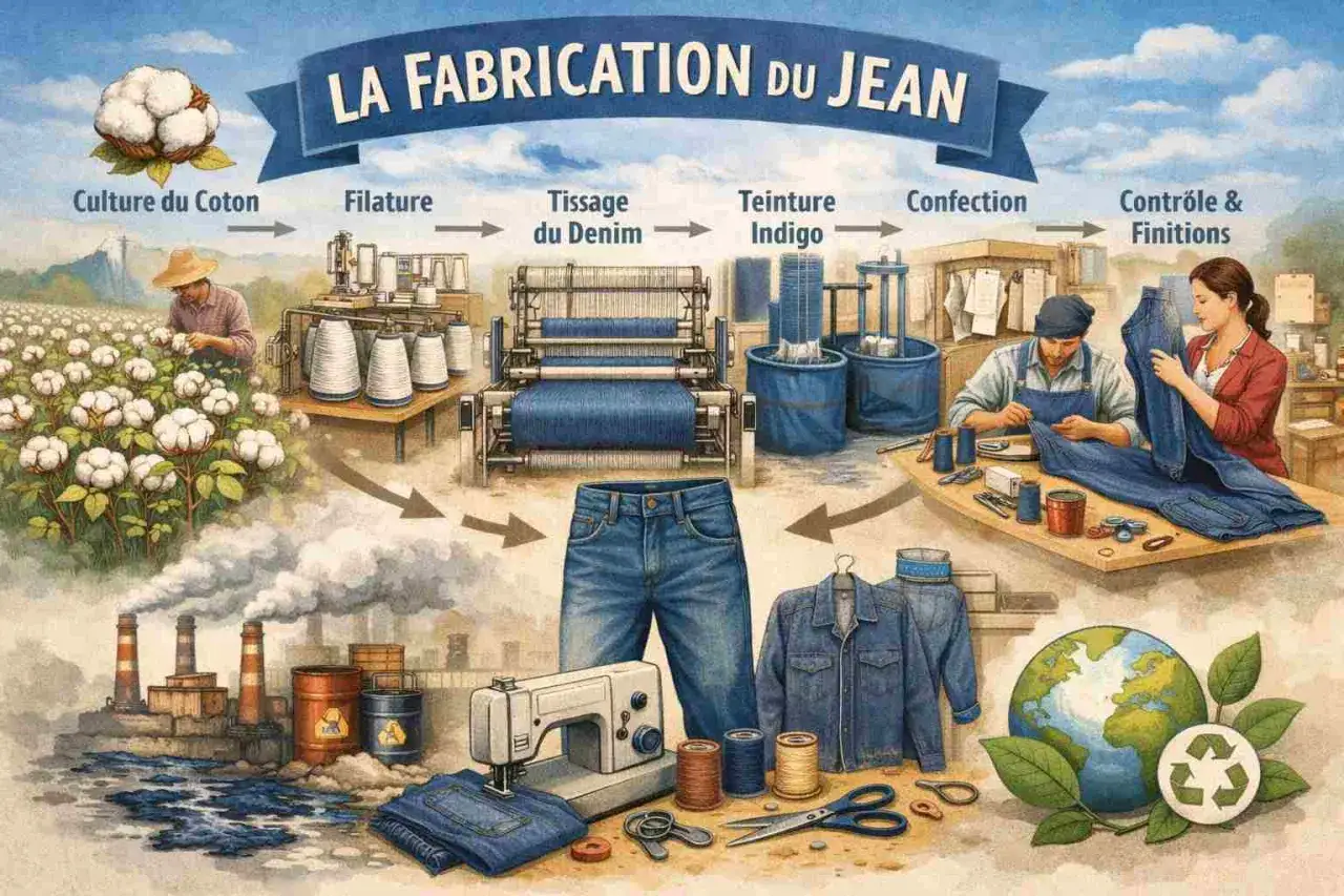 Le jean est fait &agrave; partir de coton, fil&eacute;, tiss&eacute;, teint en indigo, puis confectionn&eacute; et fini. Le processus montre la transformation du coton en jean.