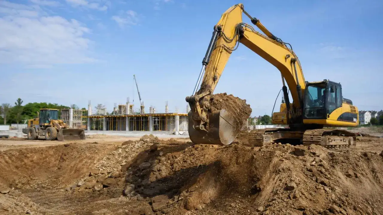 Pelleteuse jaune en action sur un chantier. Le prix du terrassement au m2 dépend de ce type de travaux.