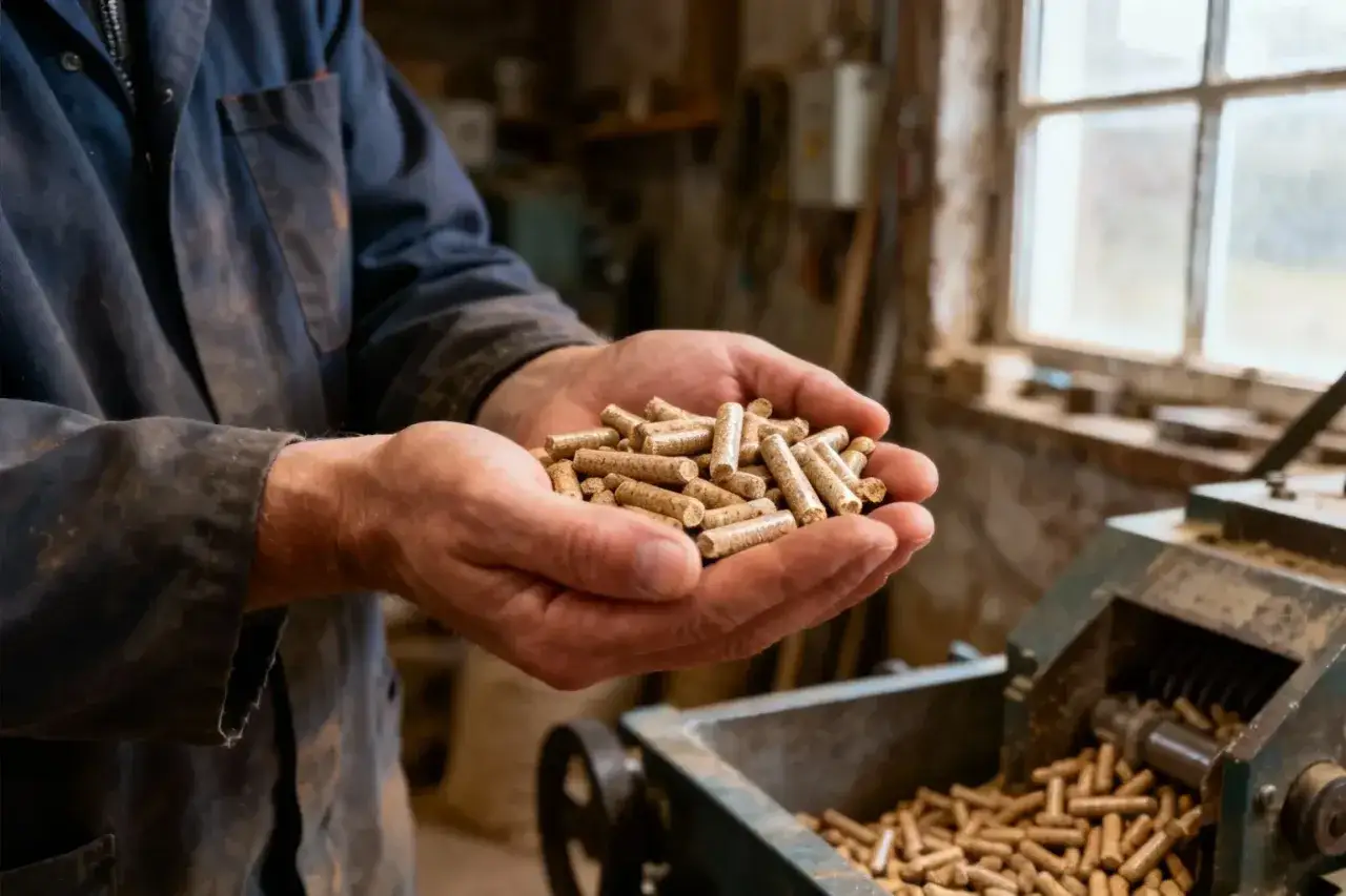 Mains tenant des granulés de bois, montrant comment sont fabriqués les pellets. Un aperçu de la production de combustible écologique.