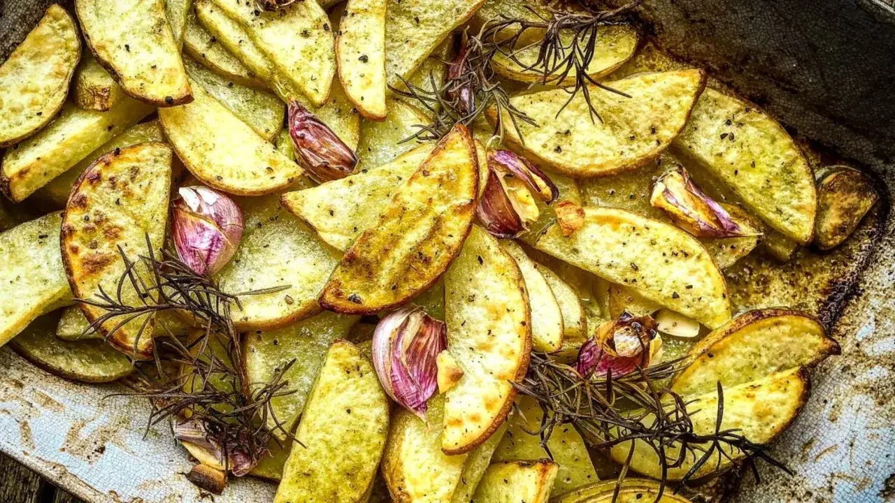 Patatas rústicas asadas con ajo y romero, doradas y crujientes, listas para disfrutar.