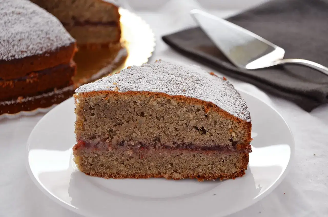 Una fetta di torta con farina di grano saraceno e cioccolato, spolverata di zucchero a velo, con un ripieno di marmellata.