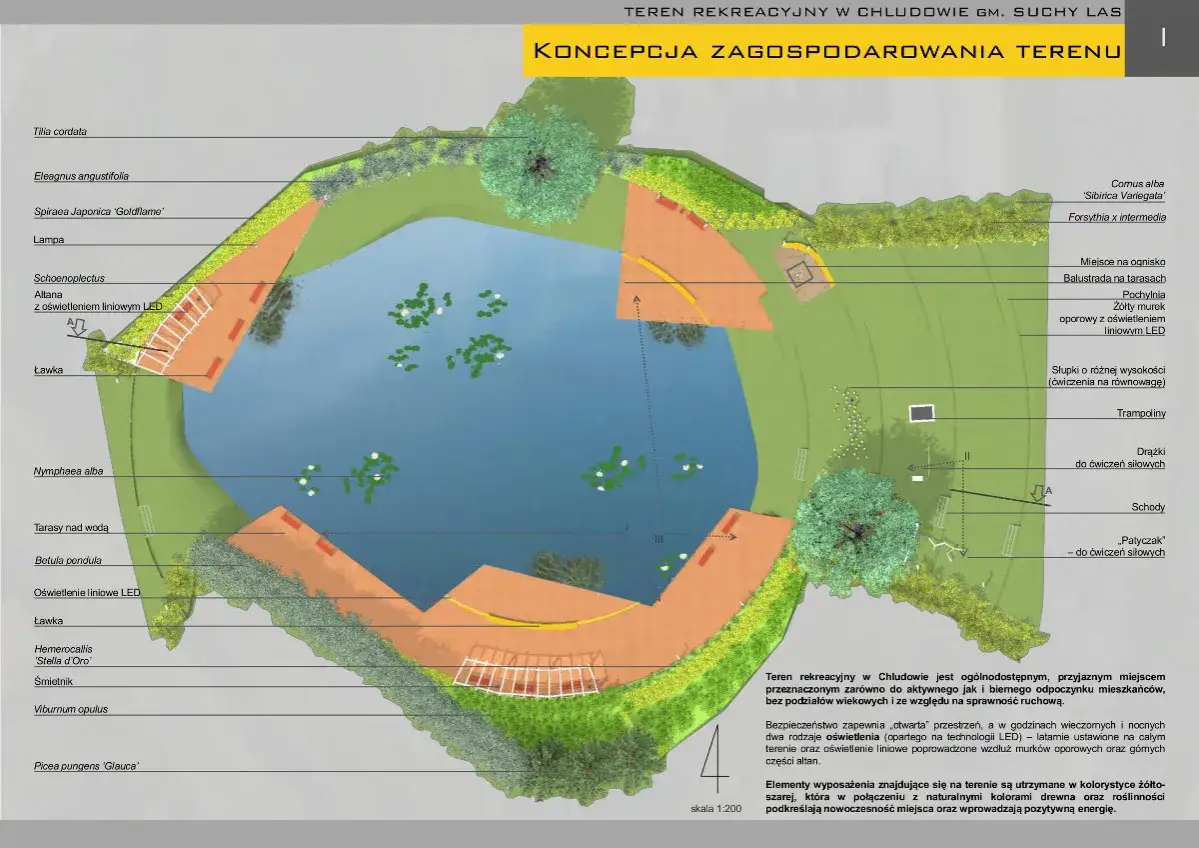 Koncepcja zagospodarowania terenu rekreacyjnego: staw, altana z LED, ławki, miejsce na ognisko, trampoliny i siłownia plenerowa.