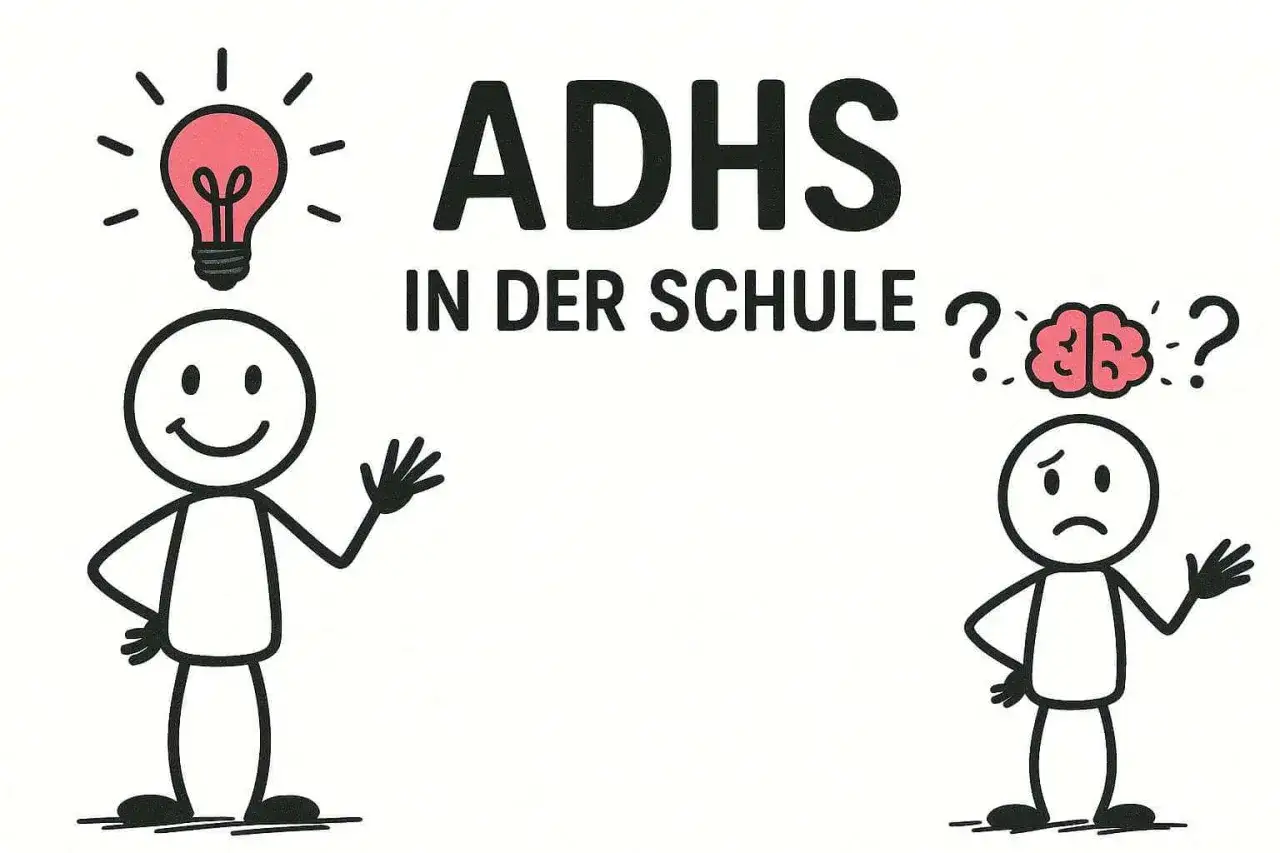 Zwei Strichm&auml;nnchen: eins mit Gl&uuml;hbirne und L&auml;cheln, das andere traurig mit Fragezeichen und Gehirn. Thema: ADHS im Unterricht.