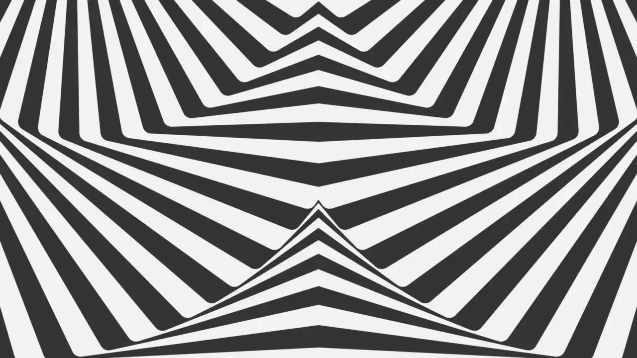 Abstrakcyjny wzór op art z czarno-białymi, zakrzywionymi pasami tworzącymi iluzję głębi i ruchu.