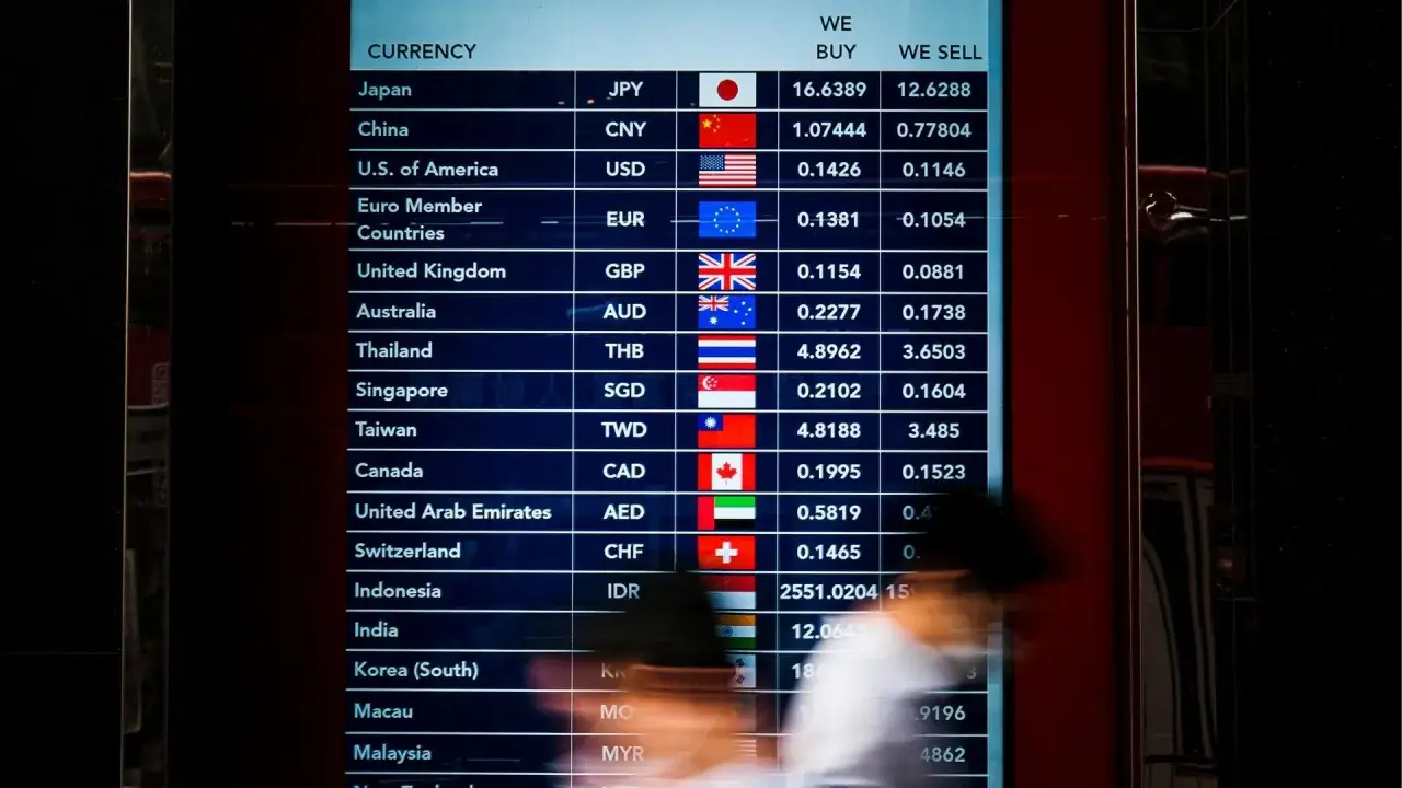 Tablica kursów walut, w tym AED, czyli waluta w Dubaju. Widoczne kursy kupna i sprzedaży dla różnych krajów.