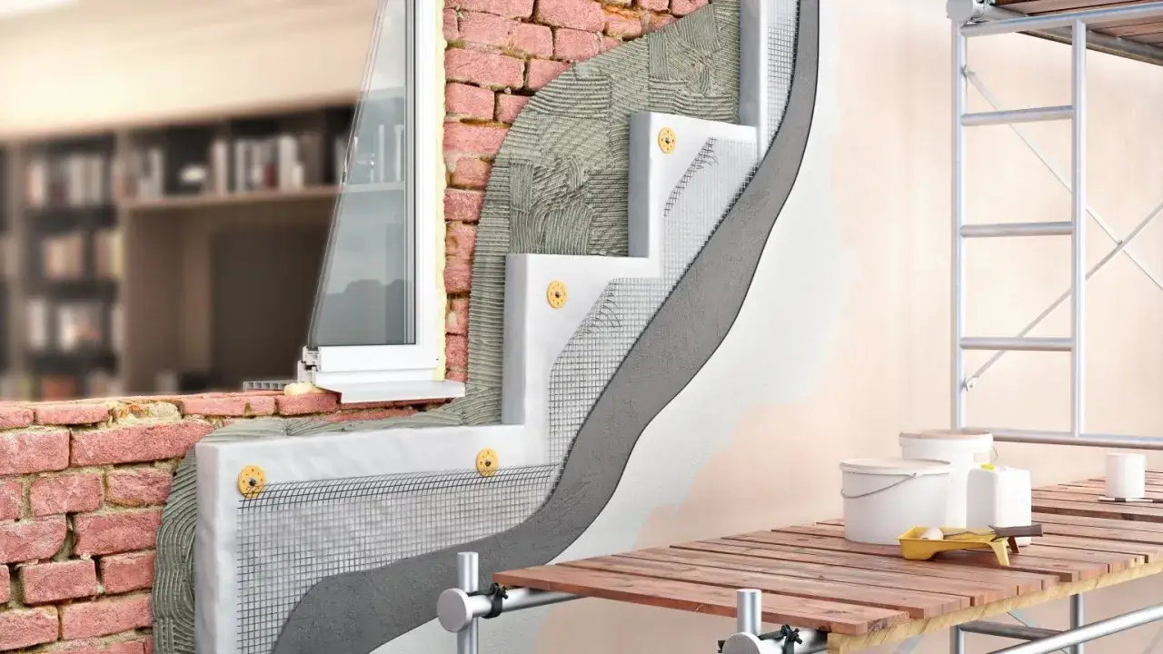 Warstwowa izolacja ściany z widocznym oknem, siatką zbrojącą i tynkiem. W tle rusztowanie i materiały budowlane, w tym puszki z farbą. To nowoczesne rozwiązanie, gdzie **aerożel** zapewnia doskonałą izolację termiczną.