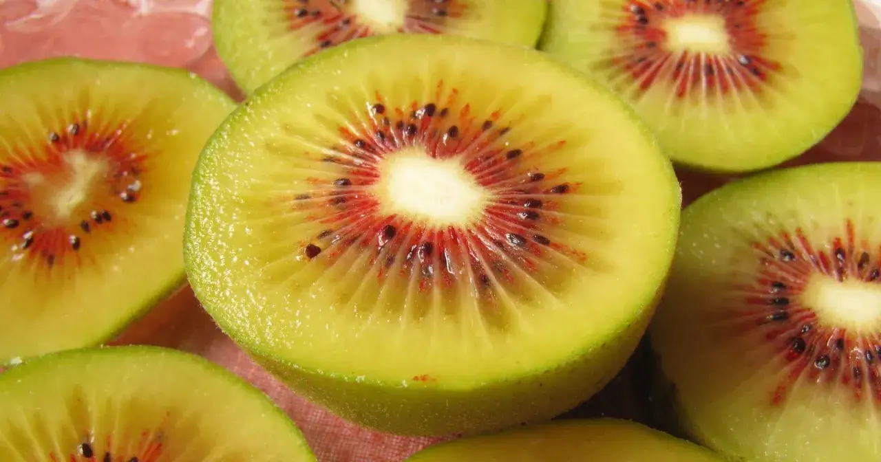 Kiwifruit, przekrojone na pół, ukazują swoje jaskrawe, czerwono-żółte wnętrze z czarnymi pestkami. Ich liczne właściwości zdrowotne czynią je idealnym dodatkiem do diety.
