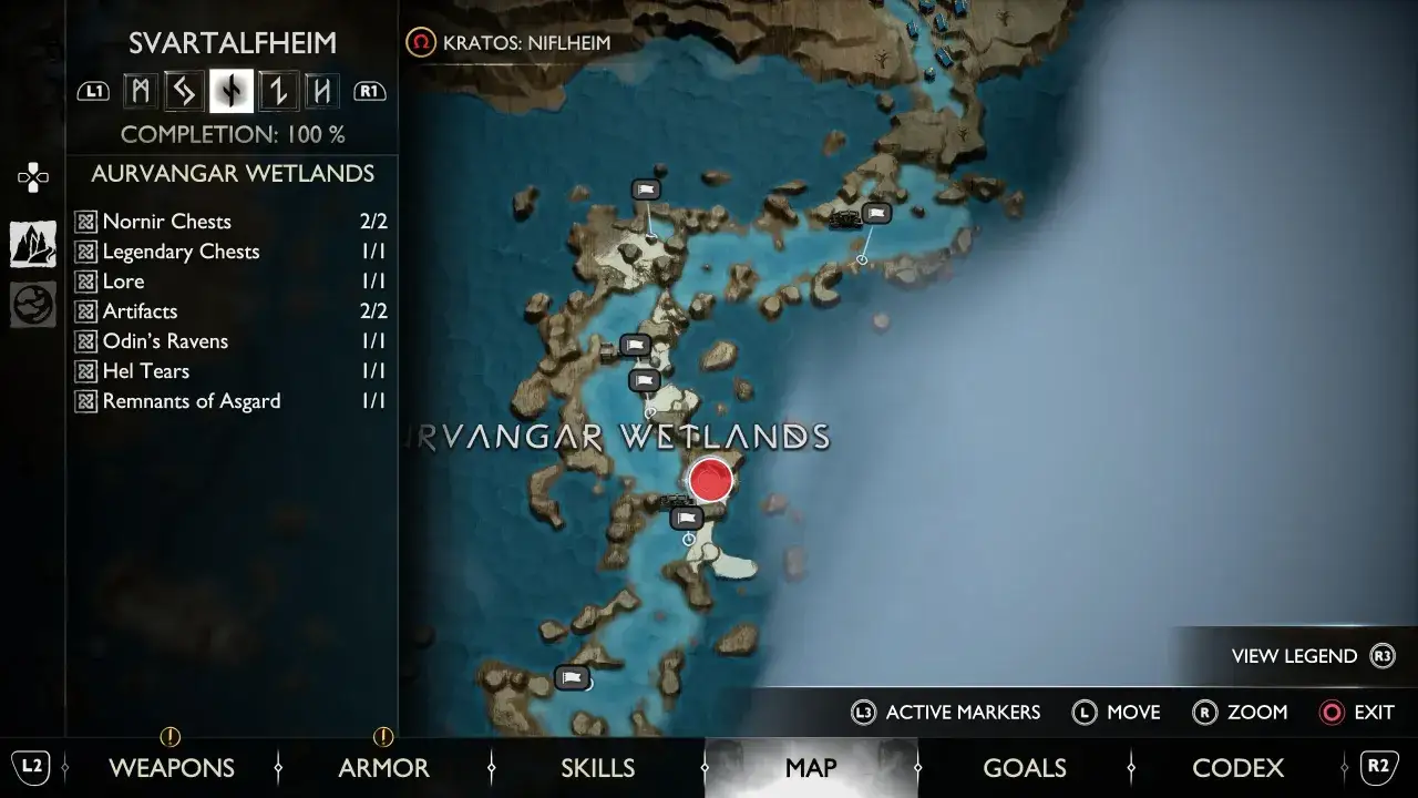 Mapa de Svartalfheim, zona Aurvangar Wetlands. Se ven las rasgaduras de Hel y otros coleccionables completados al 100%.