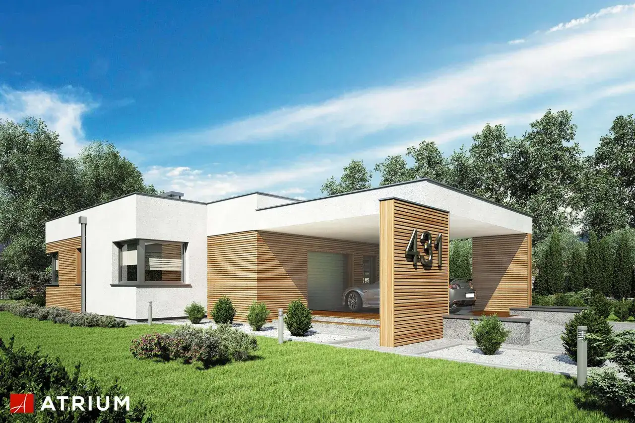 Nowoczesny bungalow z drewnianymi elementami i zadaszonym podjazdem.