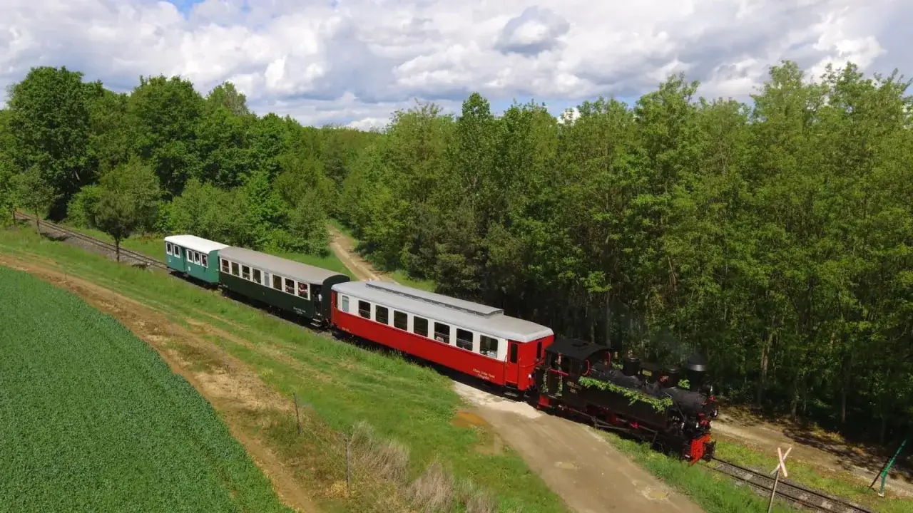 Ein historischer **Ungarn Zug** dampft durch eine gr&uuml;ne Landschaft, vorbei an Feldern und einem dichten Wald.