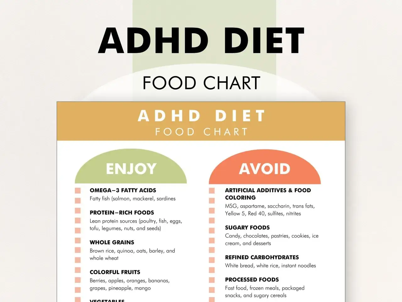 Gráfico de dieta para TDAH: alimentos prohibidos para tdah incluyen aditivos artificiales, azúcares y carbohidratos refinados.