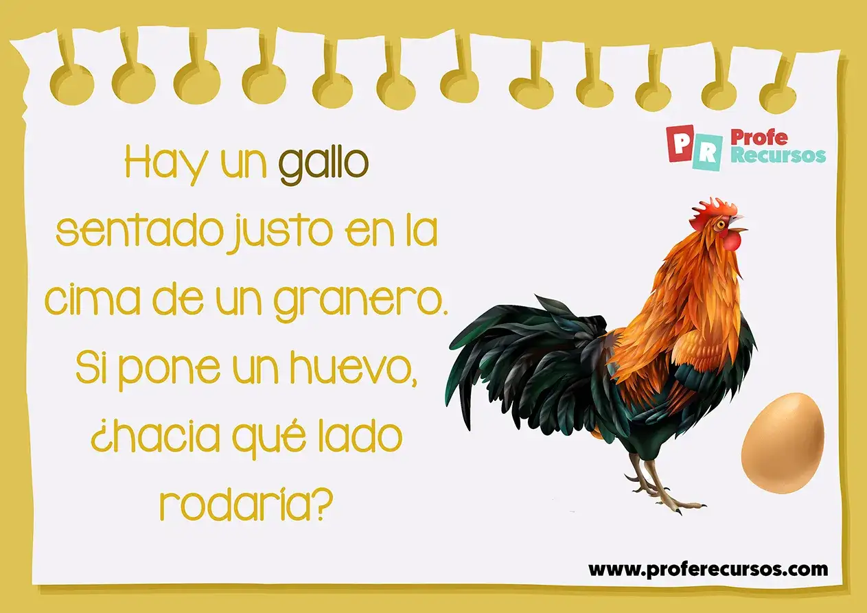 Un gallo en la cima de un granero. &iquest;Hacia d&oacute;nde rodar&iacute;a el huevo? Divertidas adivinanzas de animales para pensar.