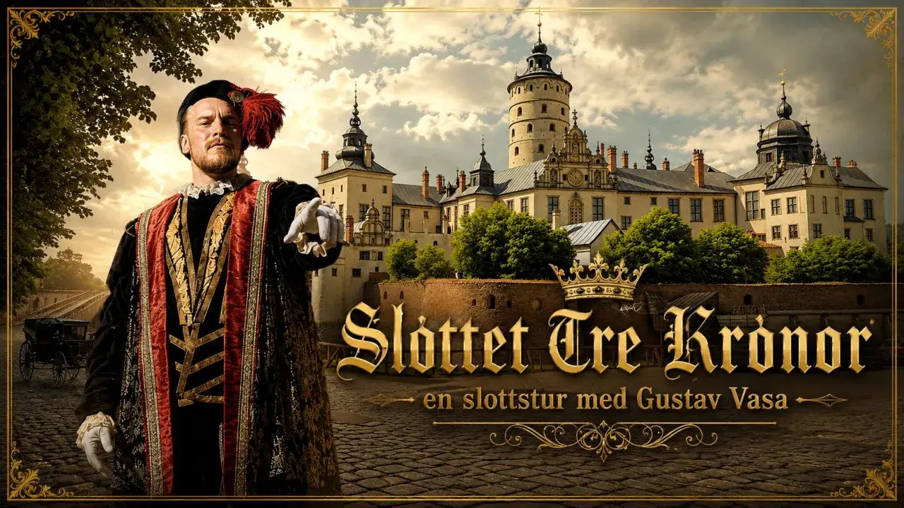 Gustav Vasa pekar mot slottet Tre Kronor, d&auml;r han bodde. En kunglig rundtur med historiska inslag.