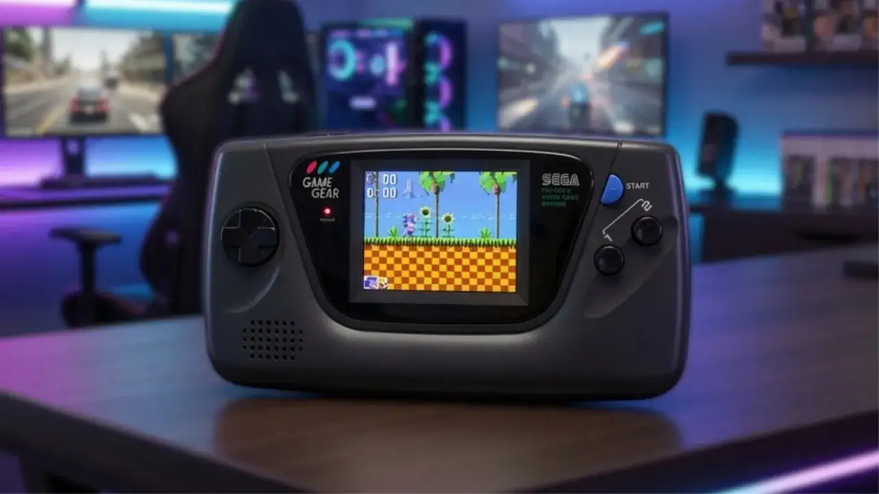 La nueva consola Sega Game Gear muestra a Sonic corriendo en un nivel clásico. Un gamer revive la nostalgia.