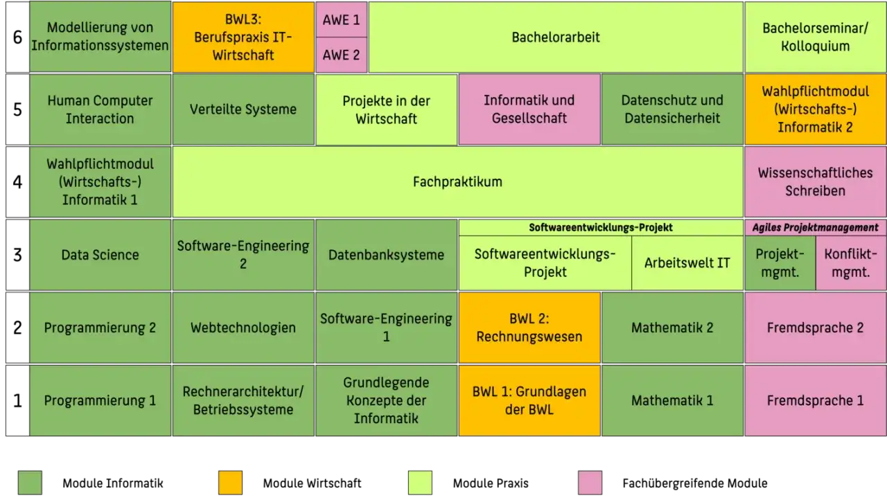 Studienplan Informatik: Module wie Programmierung, Software-Engineering, Data Science, BWL und Fachpraktikum.