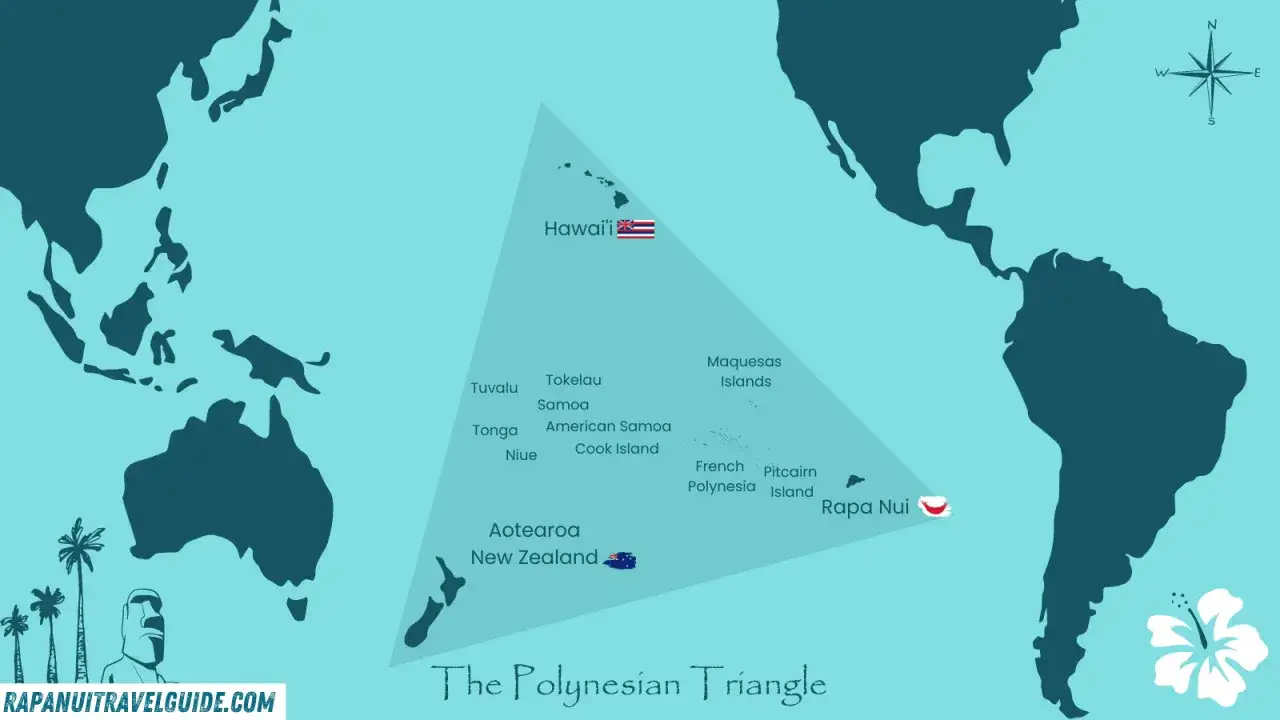 Mapa Polinezji, gdzie jest wyspa wielkanocna (Rapa Nui). Widać Hawaje, Nową Zelandię i inne wyspy.