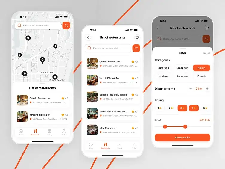 Restaurant-Such-App-Oberfläche mit Karte und Filtern