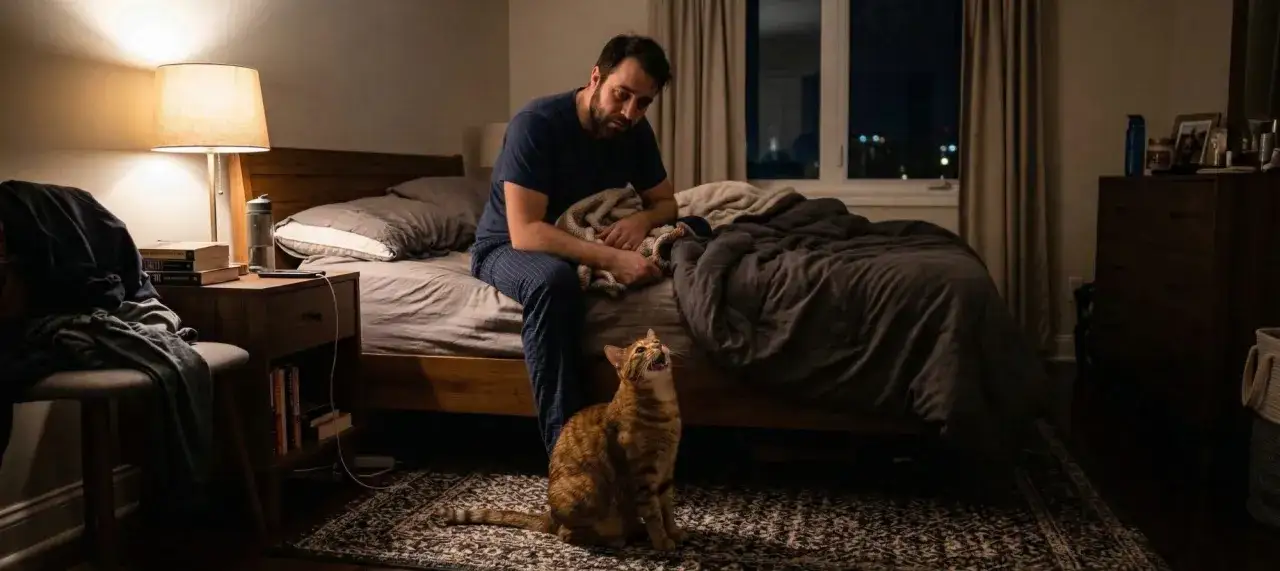 Hombre en la cama, gato naranja maullando. &iquest;C&oacute;mo callar a un gato por la noche? El hombre parece cansado.