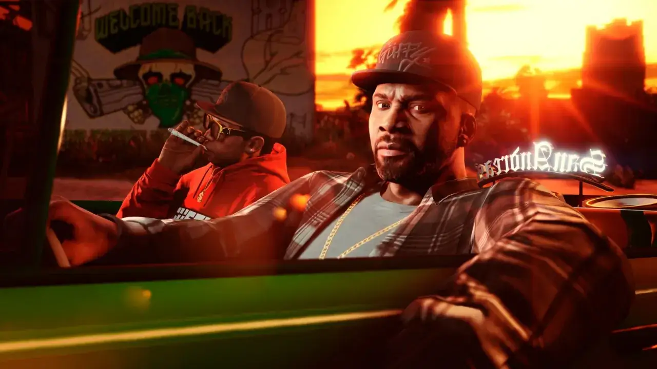 Zwei Männer im Auto, bereit für GTA 5 Coop. Ein Mann raucht, der andere blickt nachdenklich in die Kamera.