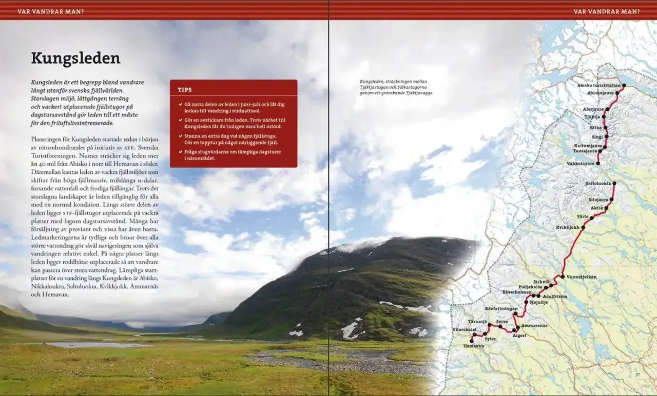 Kungsleden, en ikonisk vandringsled i svenska fj&auml;llen, med en karta som visar dess str&auml;ckning fr&aring;n Abisko till Hemavan.