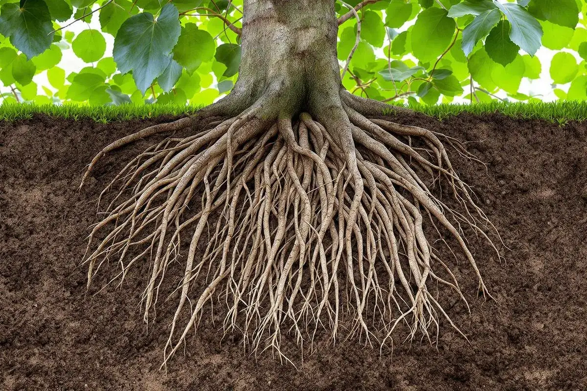 Gros plan sur les racines d'un arbre, montrant la complexité du système racinaire. Idéal pour comprendre quand transplanter un figuier.