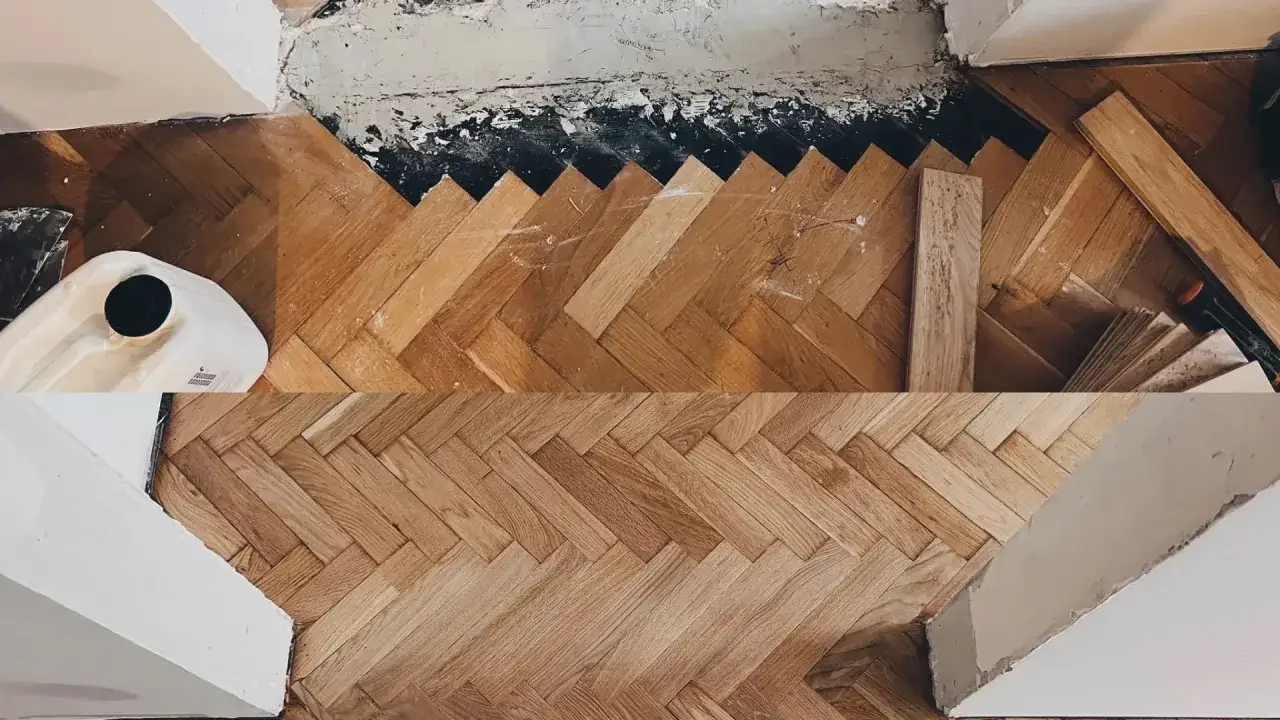 Renowacja porysowanego parkietu domowe sposoby. Widać fragmenty starego i nowego ułożenia drewna.