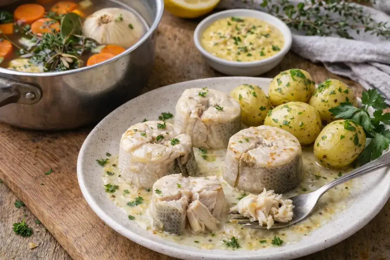 Saumonette en tron&ccedil;ons, cuite dans un court-bouillon avec carottes et oignon. Servi avec pommes de terre et sauce hollandaise.