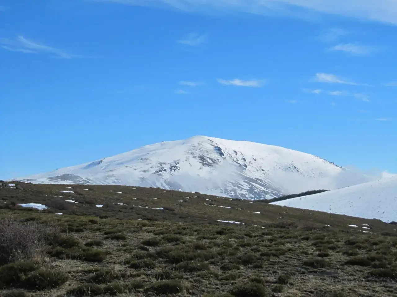 Monta&ntilde;a nevada bajo un cielo azul, con hierba seca y arbustos en primer plano. Parece el escenario perfecto para un d&iacute;a de senderismo con el chullo puesto.