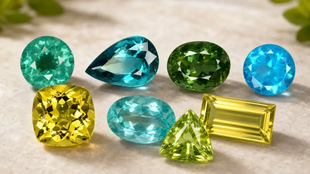 Variedad de gemas de apatito en tonos verdes, azules y amarillos, mostrando sus deslumbrantes propiedades.