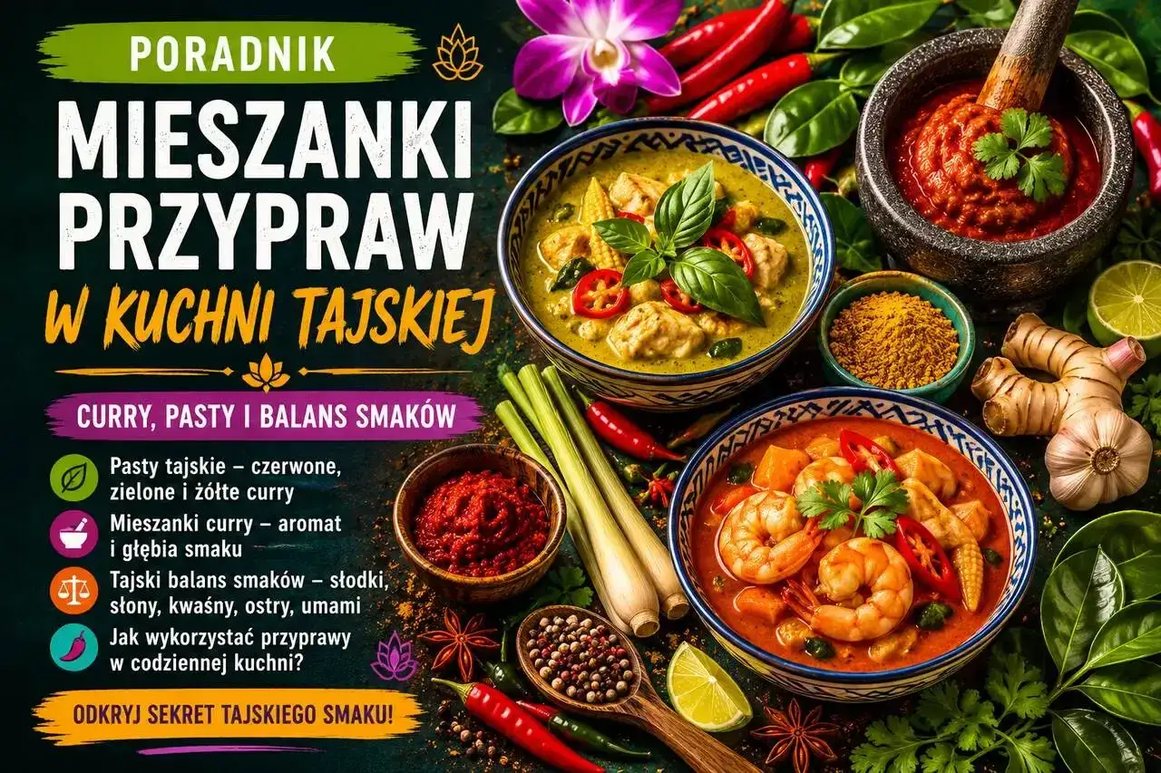 Kolorowe dania kuchni tajskiej, takie jak zielone curry z kurczakiem i czerwone curry z krewetkami, otoczone świeżymi ziołami, chili i imbirem. Odkryj sekret tajskiej przyprawy!