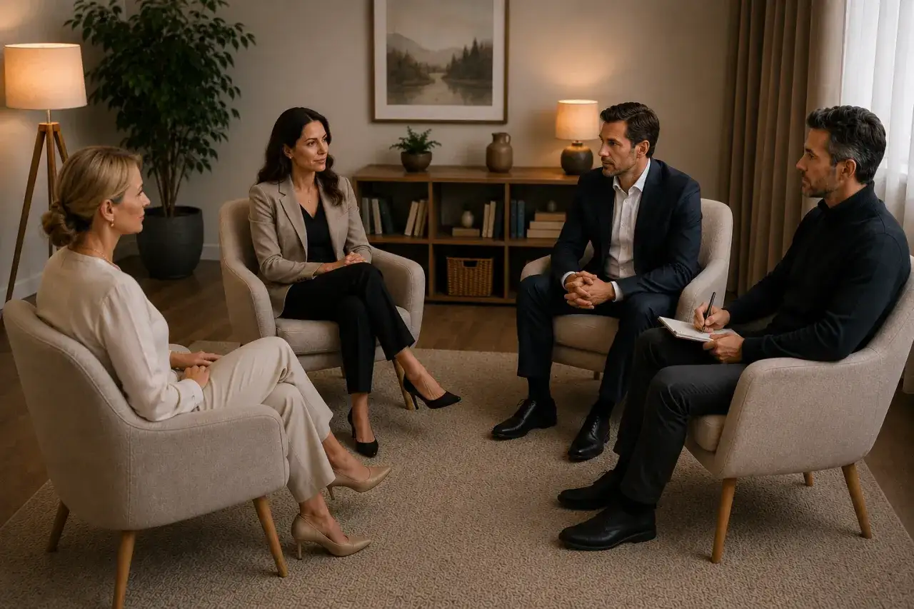 Vier Personen sitzen im Kreis, zwei Frauen und zwei Männer. Ein Mann spricht, während ein anderer Notizen macht. Vielleicht geht es darum, dass mein Mann begehrt andere Frauen.