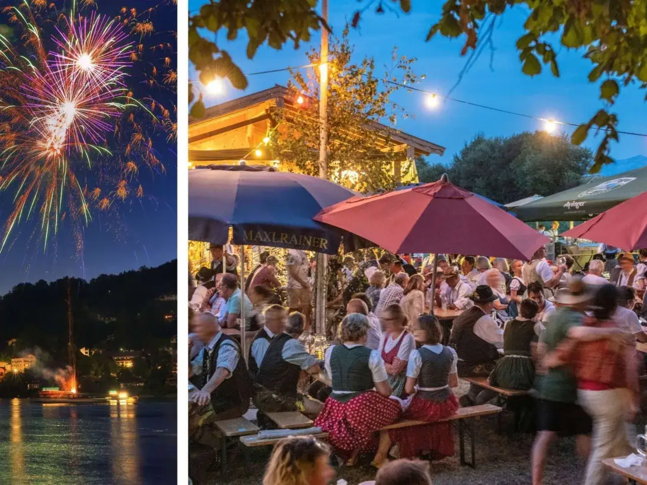 Feuerwerk &uuml;ber dem See und fr&ouml;hliche Menschen bei Tegernsee Festen.