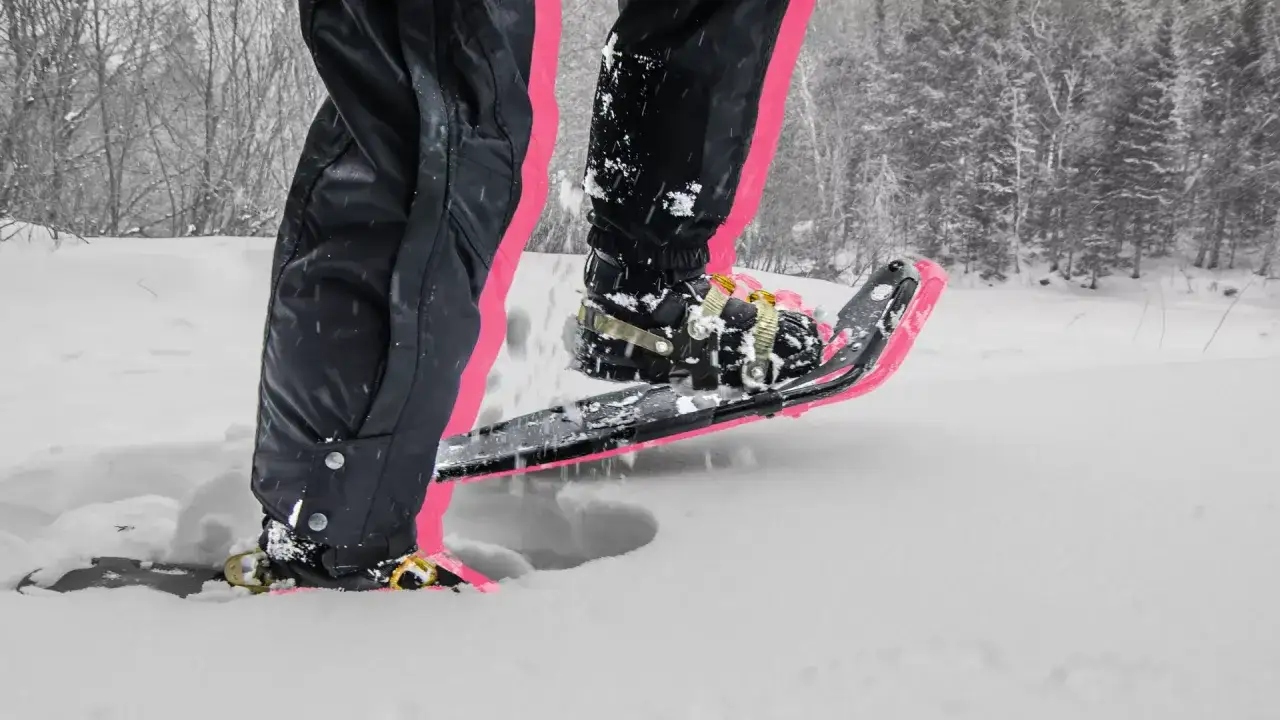 Pieds chauss&eacute;s de raquettes roses et noires avan&ccedil;ant dans la neige profonde lors d'une randonn&eacute;e hivernale.