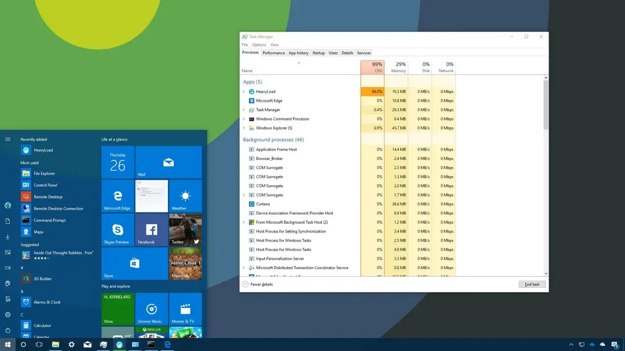 Task Manager zeigt hohe CPU-Auslastung durch HeavyLoad. Die Tastenkombination zum Öffnen des Task Managers ist Strg+Umschalt+Esc.