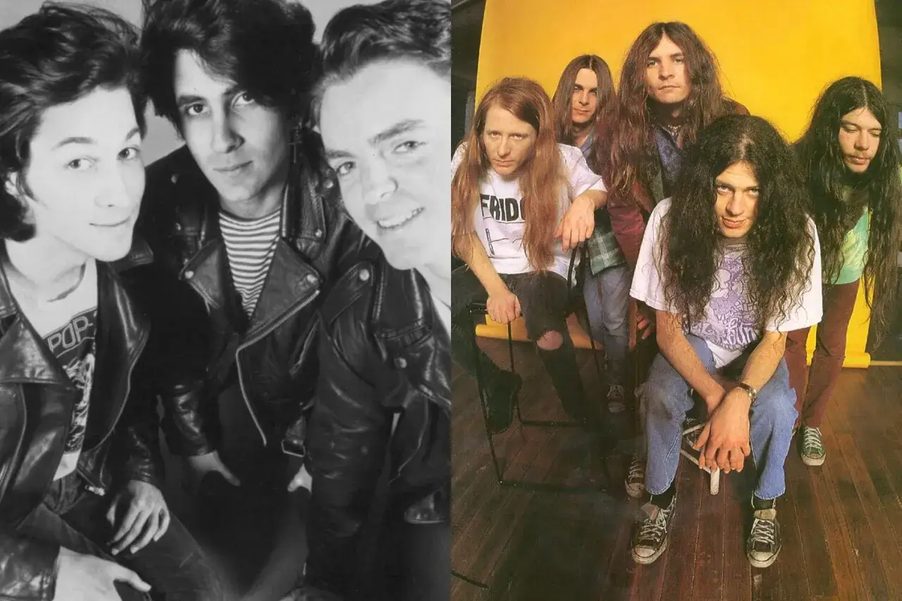 Deux groupes de musique, un groupe australien des années 90 à gauche en noir et blanc, et un autre groupe à droite en couleur.