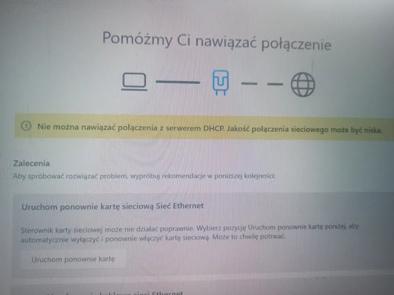 Komunikat o błędzie połączenia sieciowego. Sugestia: jak zaktualizować sterowniki sieciowe, uruchamiając ponownie kartę sieciową.