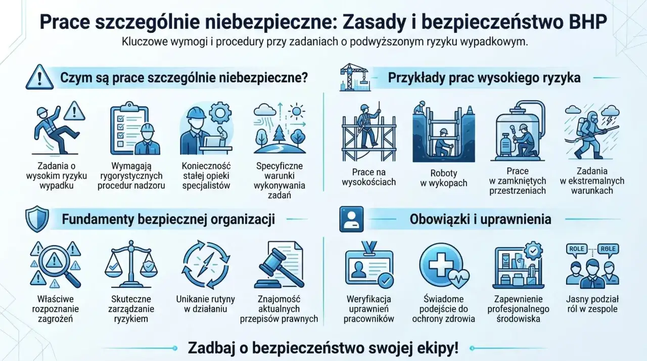 Grafika przedstawia zasady i bezpieczeństwo BHP przy pracach szczeg&oacute;lnie niebezpiecznych, z przykładami i fundamentami bezpiecznej organizacji.