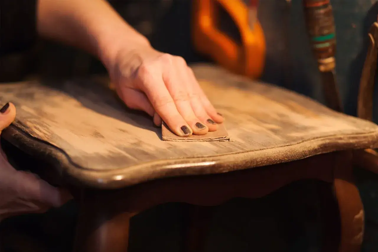 Mano lijando una mesa para decapar un mueble. El polvo de madera cubre la superficie mientras se prepara para un nuevo acabado.