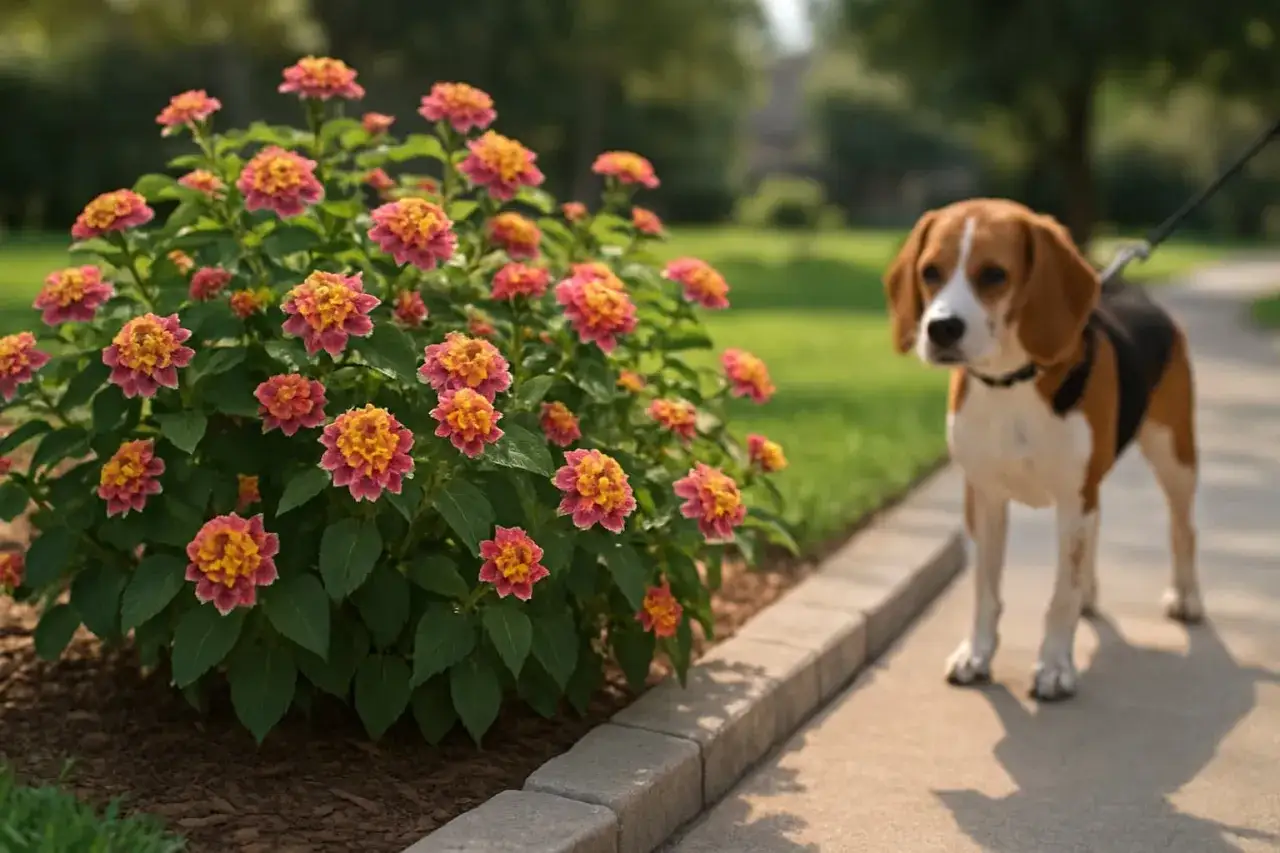 A beagle on a leash walks past a bush of colorful flowers. Is verbena toxic to dogs? This plant is Lantana, which can be toxic to dogs.