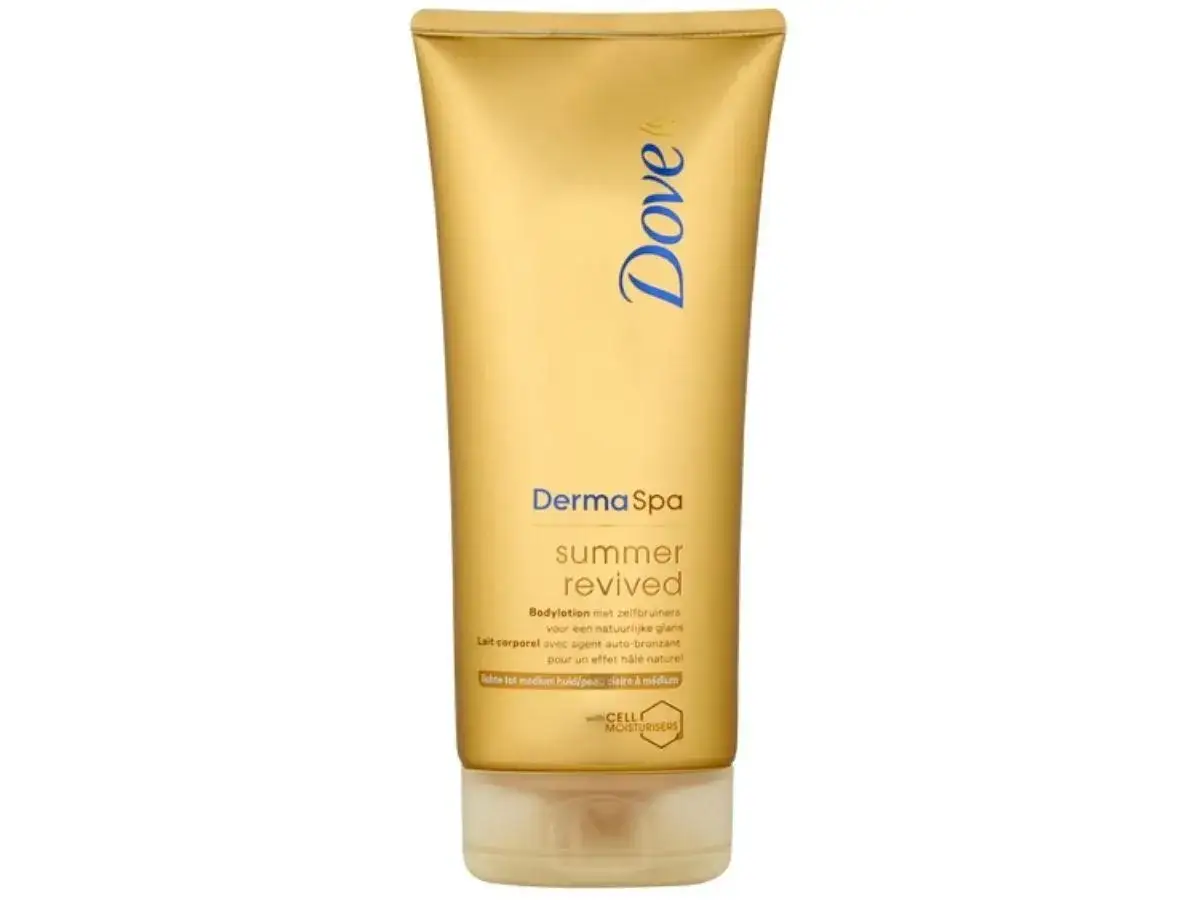 Złota tubka balsamu brązującego Dove Derma Spa Summer Revived. Ten balsam brązujący który nie brudzi ubrań, zapewnia naturalny efekt opalenizny.