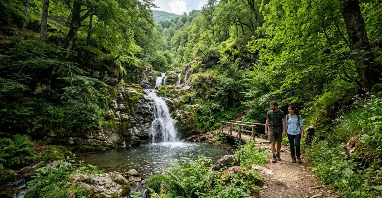 Coppia passeggia sul sentiero delle cascate, immersi nel verde di una foresta lussureggiante.